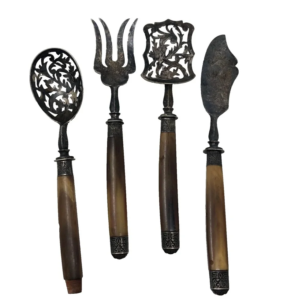 Vintage‎ Antique Serving Utensils Slotted Spoon Fork Jelly Server Knife Set Of 4